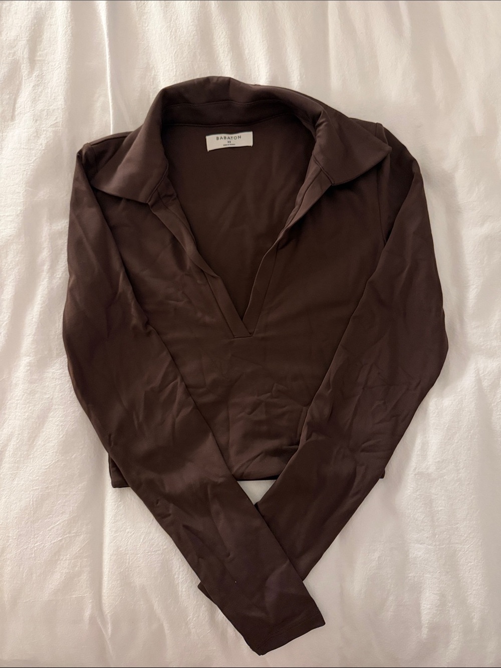 Babaton Brown V-Neck Long Sleeve Polo